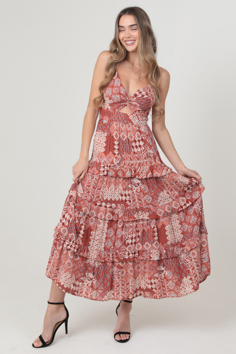 Twist Front Keyhole Maxi Dress w/ Ruffle Tiers