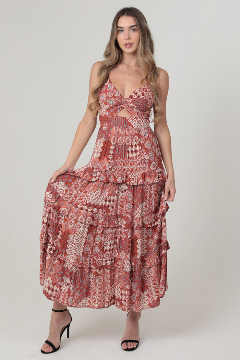 Twist Front Keyhole Maxi Dress w/ Ruffle Tiers
