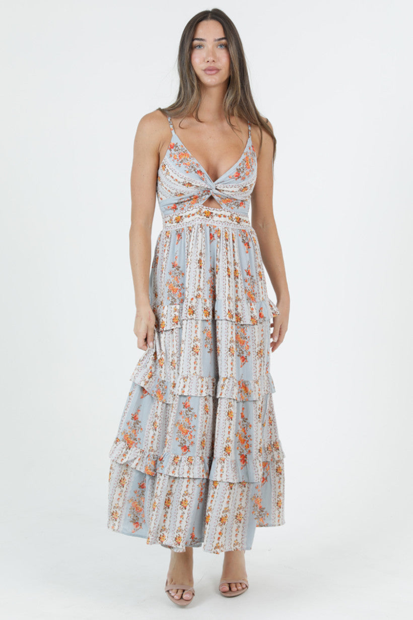 Twist Front Keyhole Maxi Dress w/ Ruffle Tiers