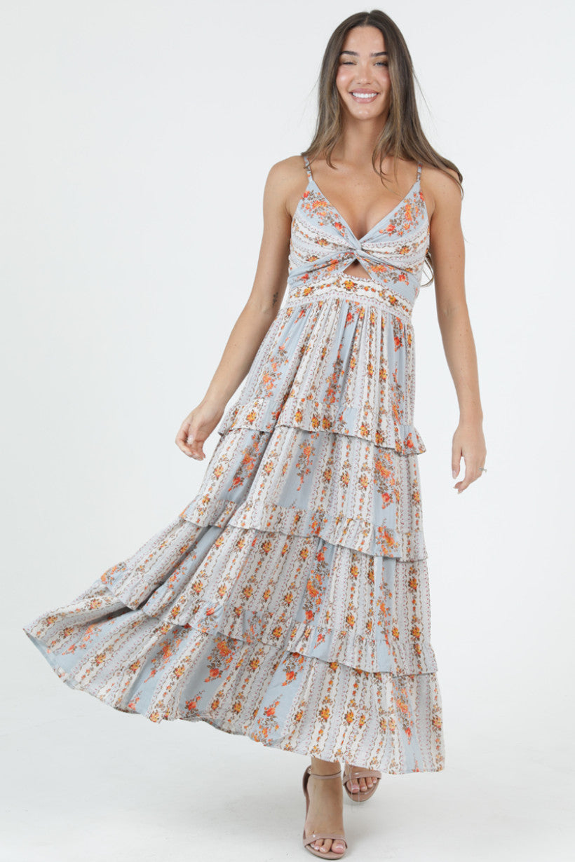 Twist Front Keyhole Maxi Dress w/ Ruffle Tiers