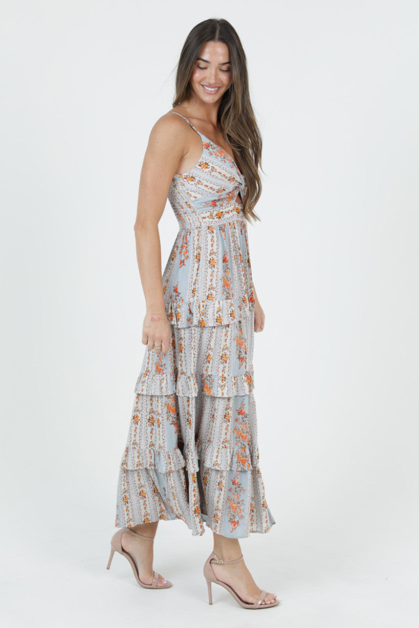 Twist Front Keyhole Maxi Dress w/ Ruffle Tiers
