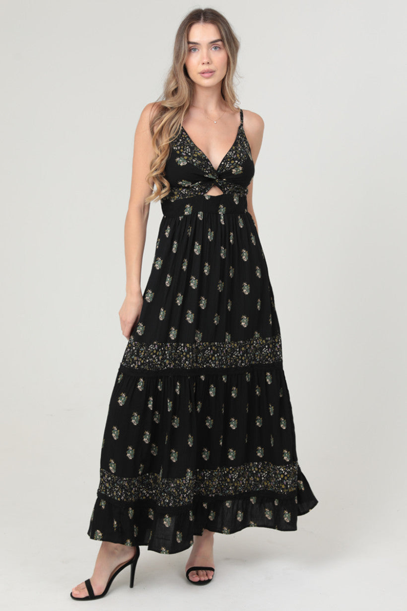 V Neck Spaghetti Strap Twist Front Maxi Dress