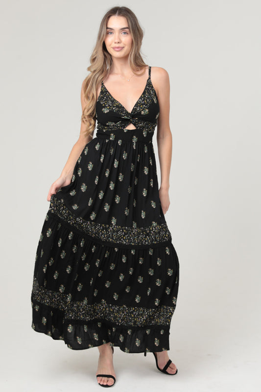 V Neck Spaghetti Strap Twist Front Maxi Dress