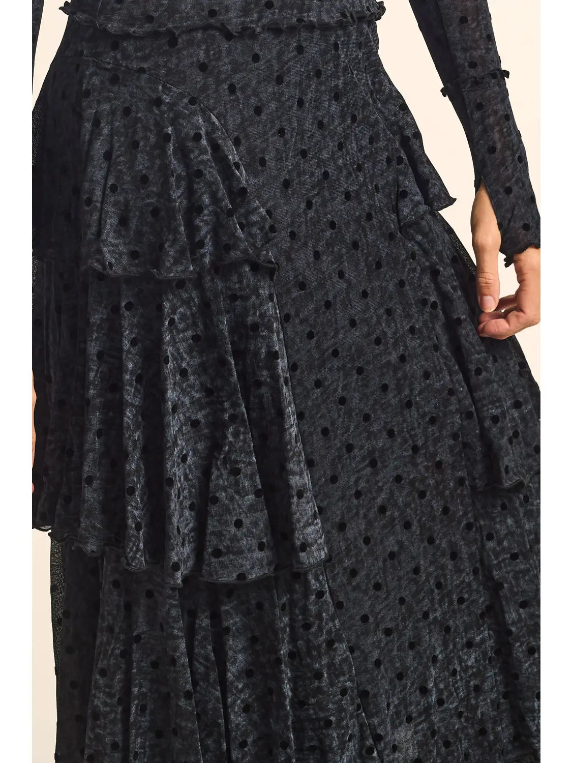 Flocked Polka Dot Mesh Tiered Ruffle Cascade Maxi Skirt