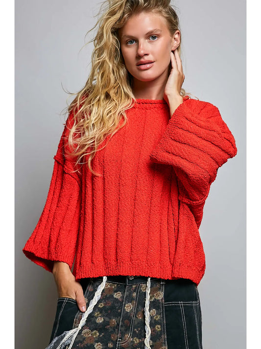 Oversized Soft Textured Sweater Solid Ribbed Knit Top