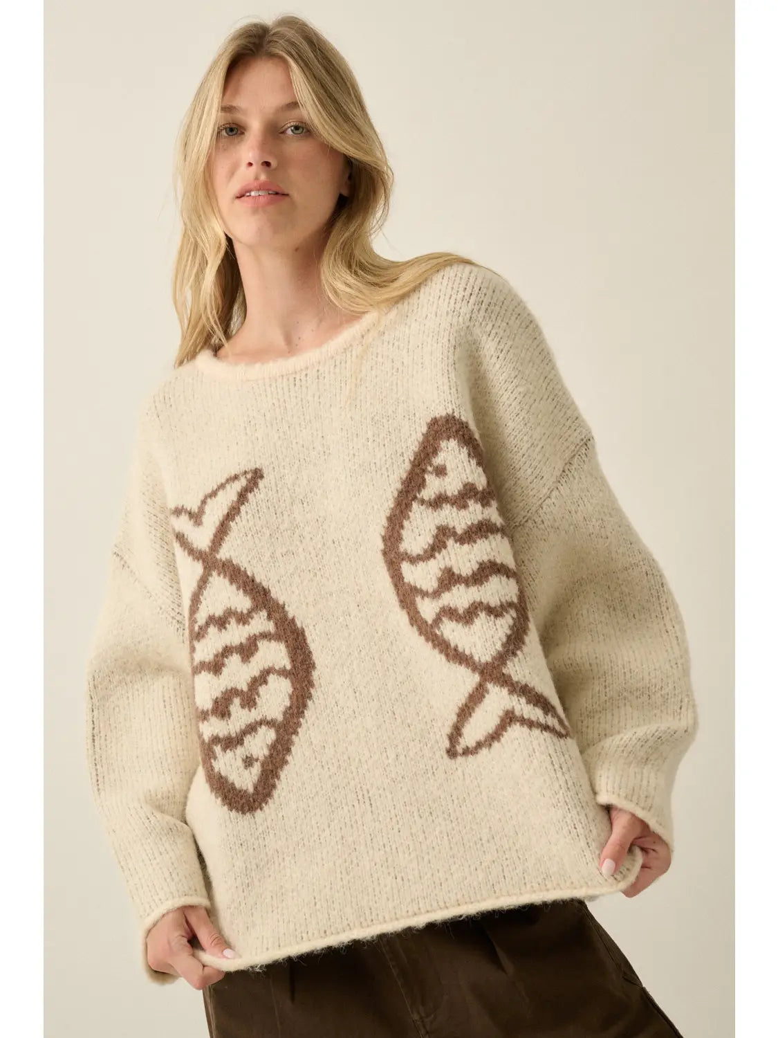 Fish Jacquard-Knit Drop-Shoulder Rolled-Edge Sweater