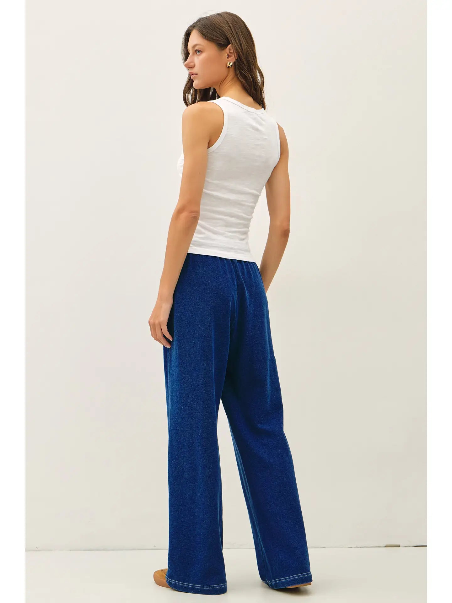 Cotton Terry Knit Denim Wide Leg Pull On Pants