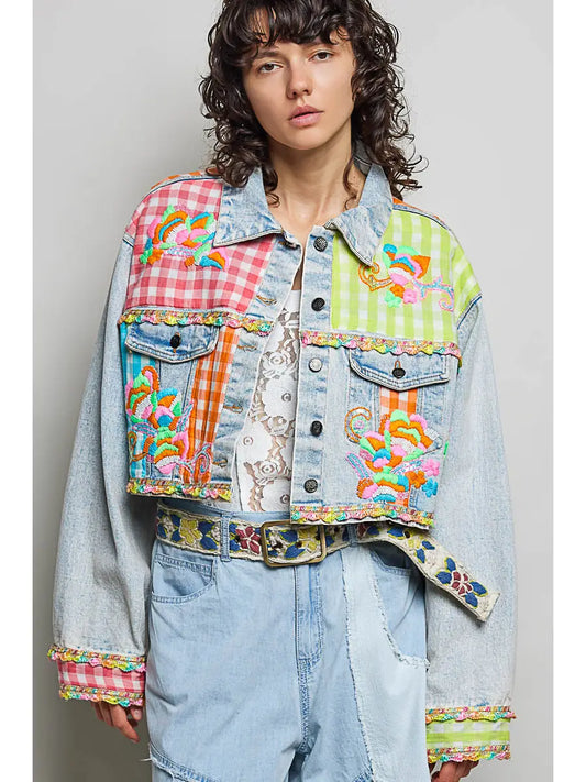 Plaid Contrast Embroidery Denim Jacket