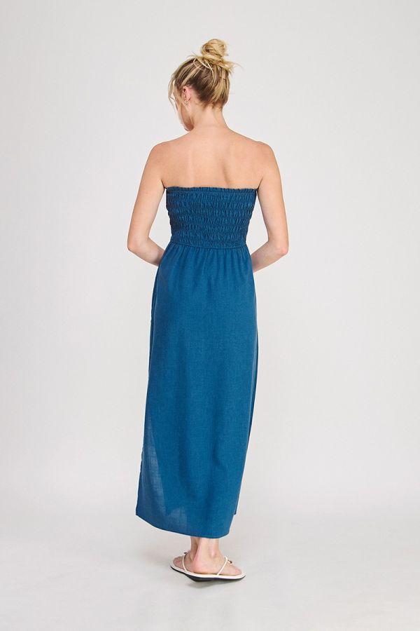 Linen Blend Smocked Bodice Maxi Dress
