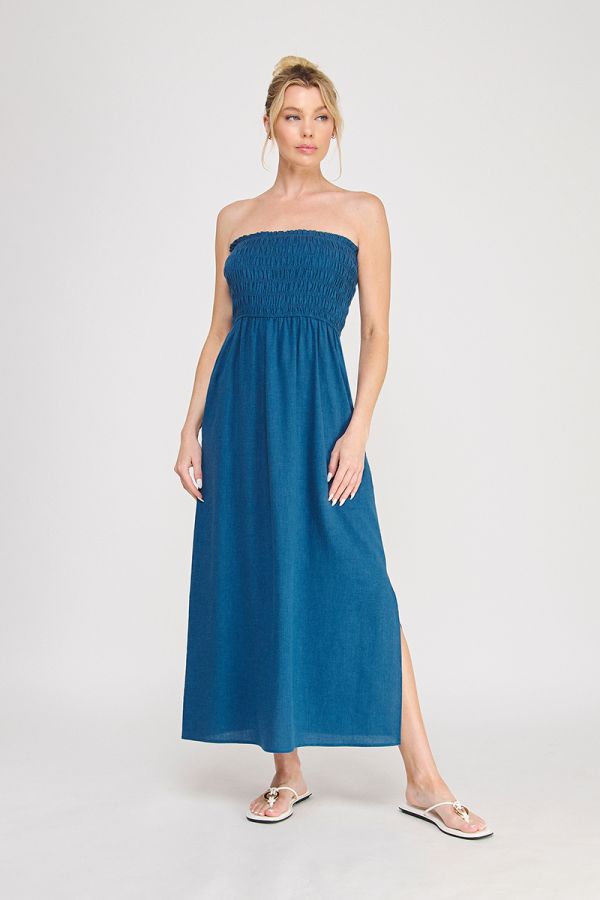 Linen Blend Smocked Bodice Maxi Dress
