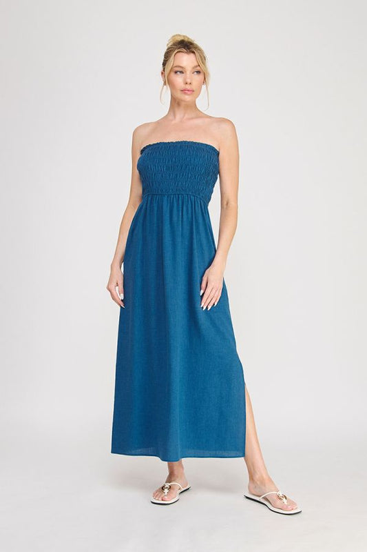 Linen Blend Smocked Bodice Maxi Dress