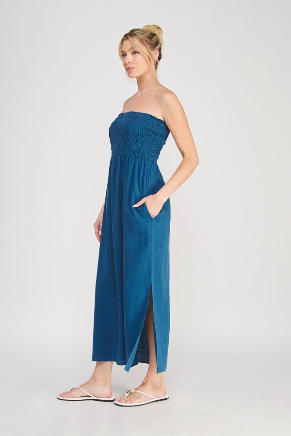 Linen Blend Smocked Bodice Maxi Dress