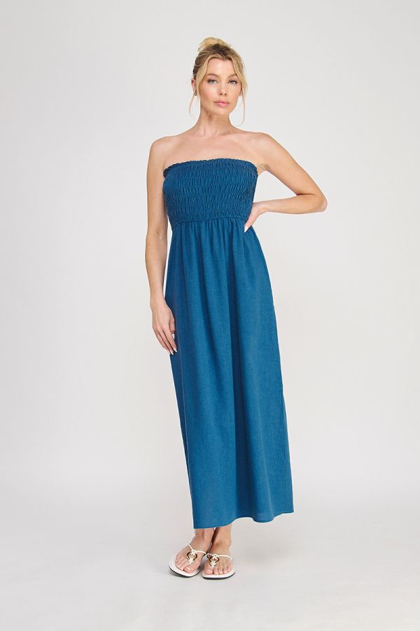 Linen Blend Smocked Bodice Maxi Dress