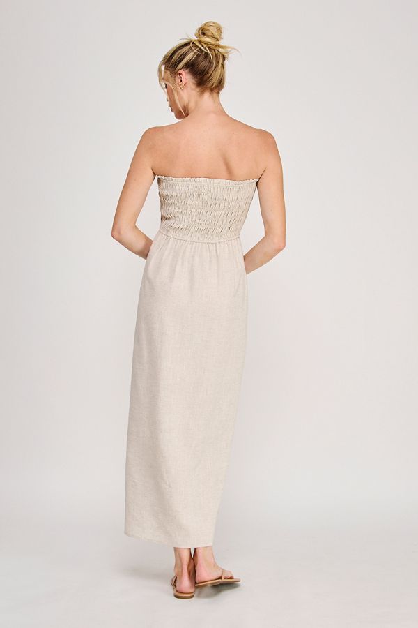 Linen Blend Smocked Bodice Maxi Dress