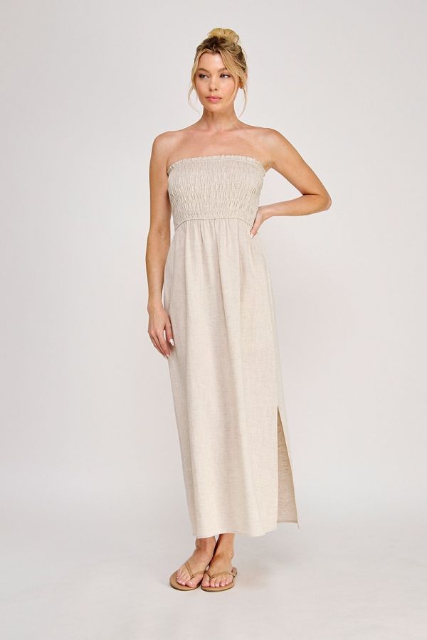 Linen Blend Smocked Bodice Maxi Dress