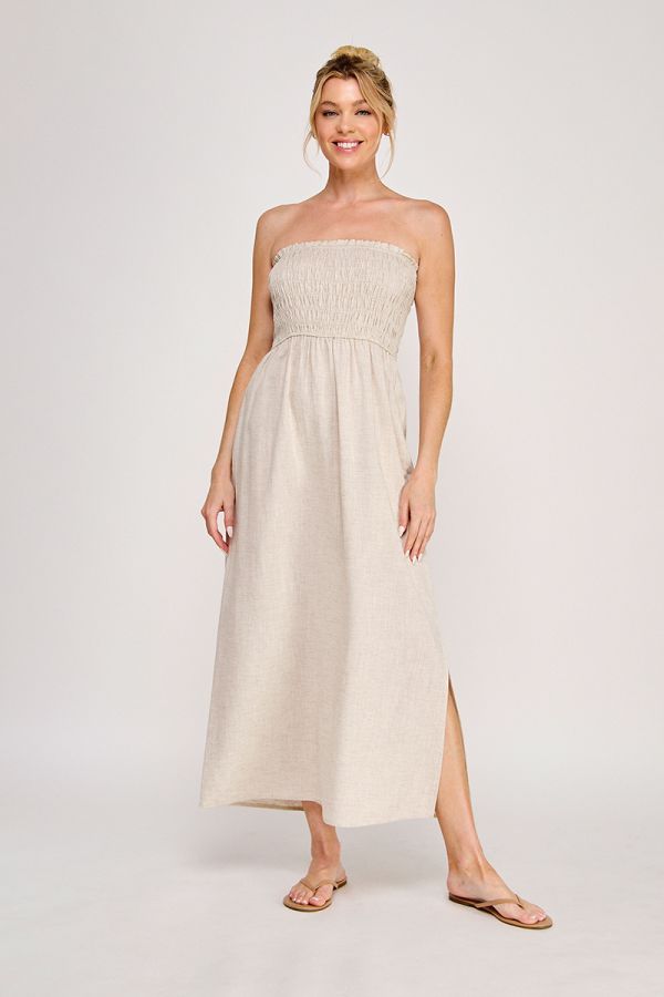 Linen Blend Smocked Bodice Maxi Dress