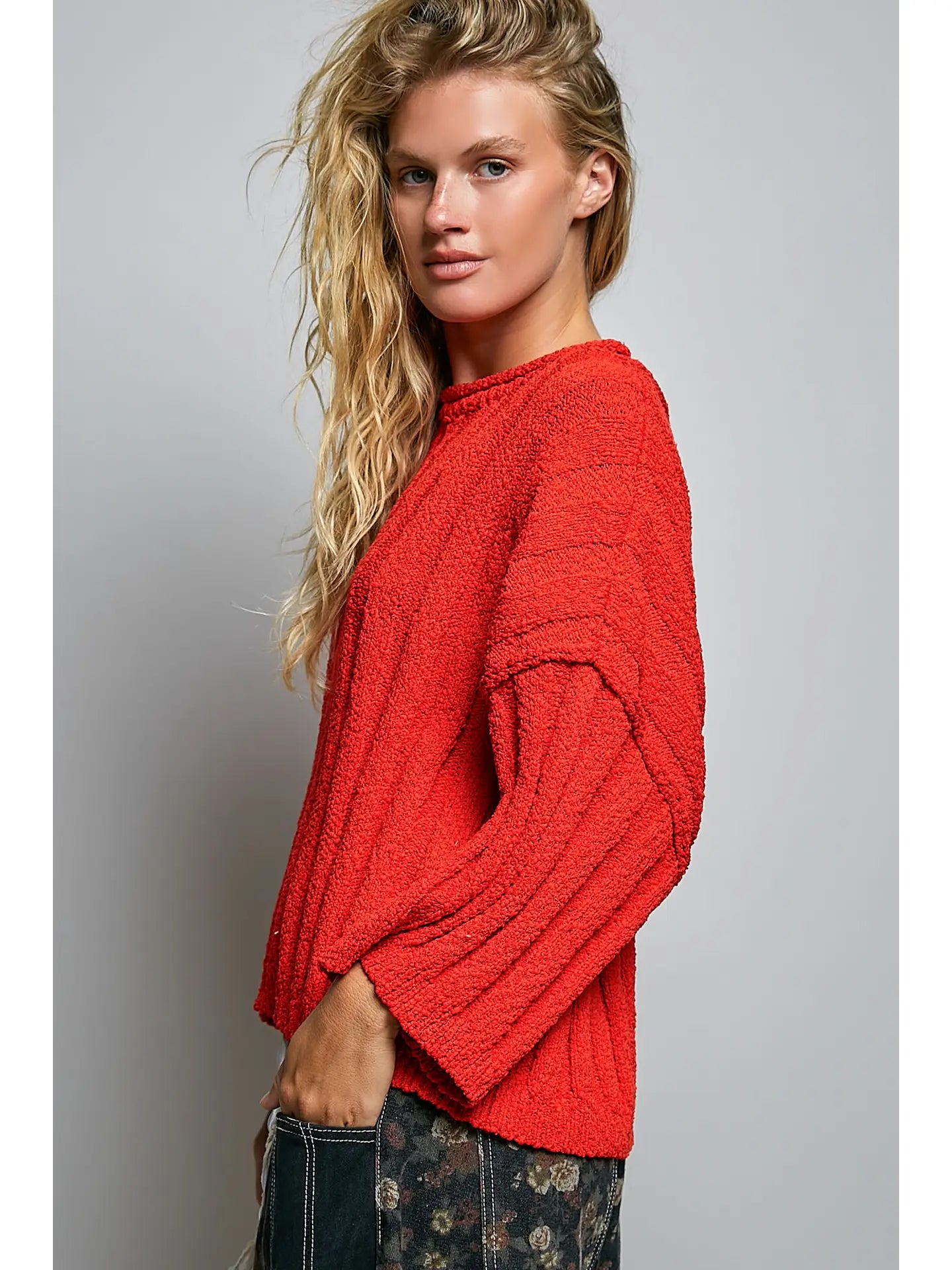 Oversized Soft Textured Sweater Solid Ribbed Knit Top