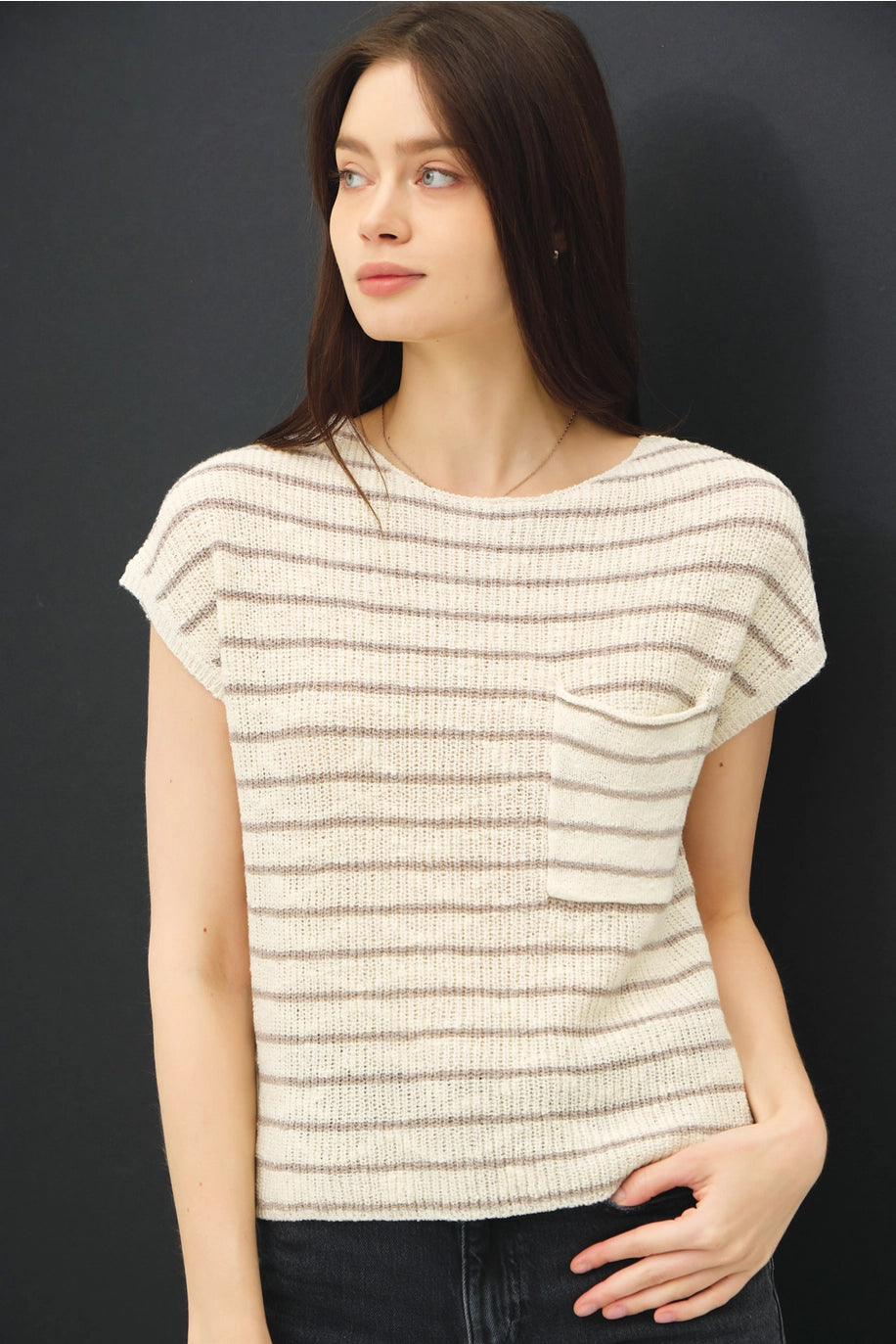Lightweight Striped Knit Cap Sleeve Sweater Top with Pocket