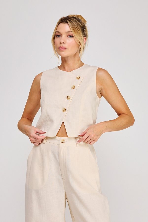 Asymmettic Button Up Linen Vest