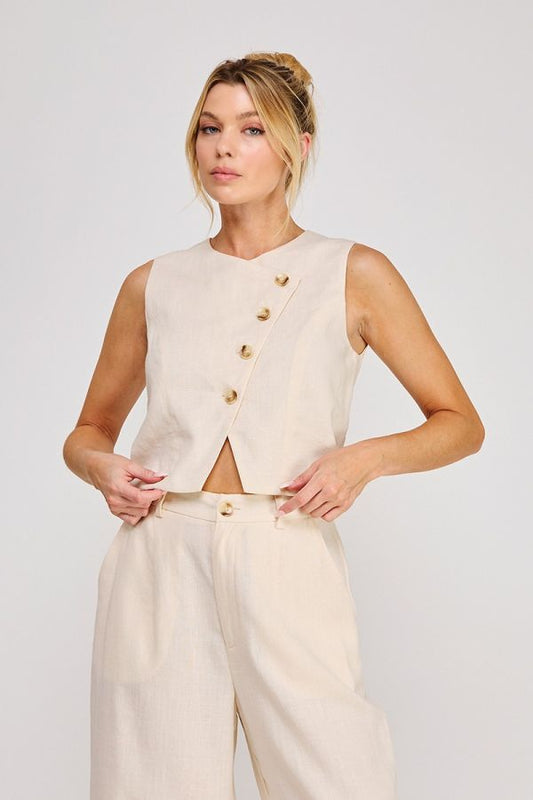 Asymmettic Button Up Linen Vest
