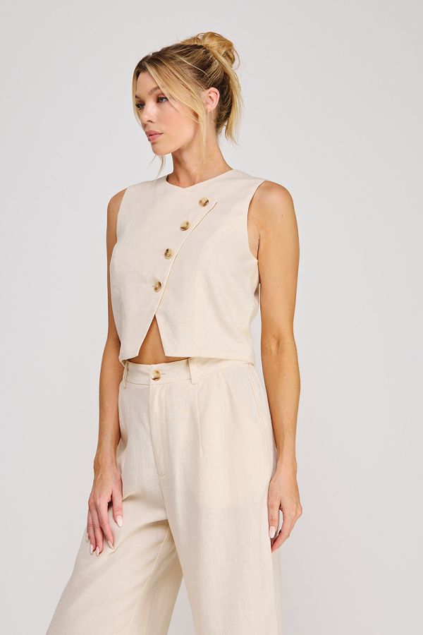 Asymmettic Button Up Linen Vest