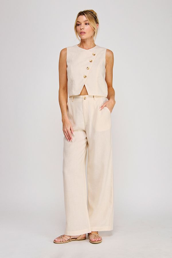 Asymmettic Button Up Linen Vest