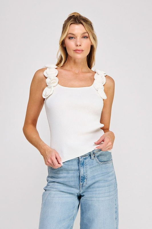 3D Floral Detail Strap Ribbed Knit Tank