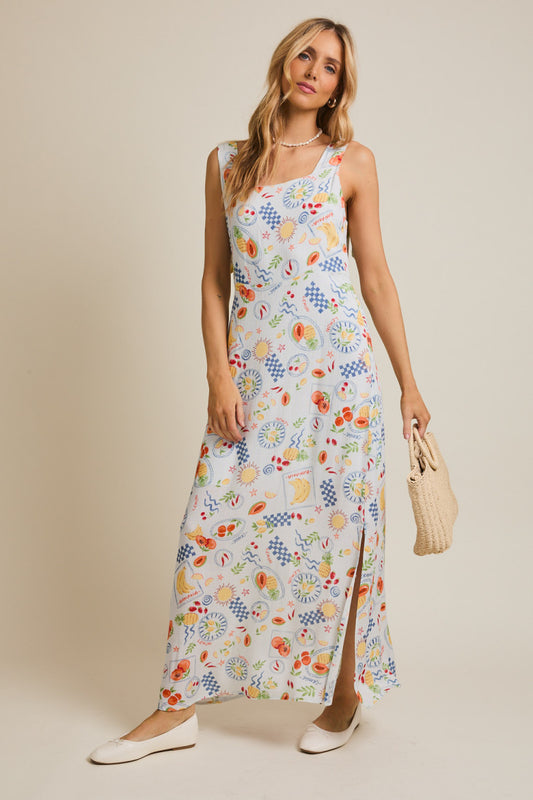 Square Neck Sleeveless Strap Tie Print Dress