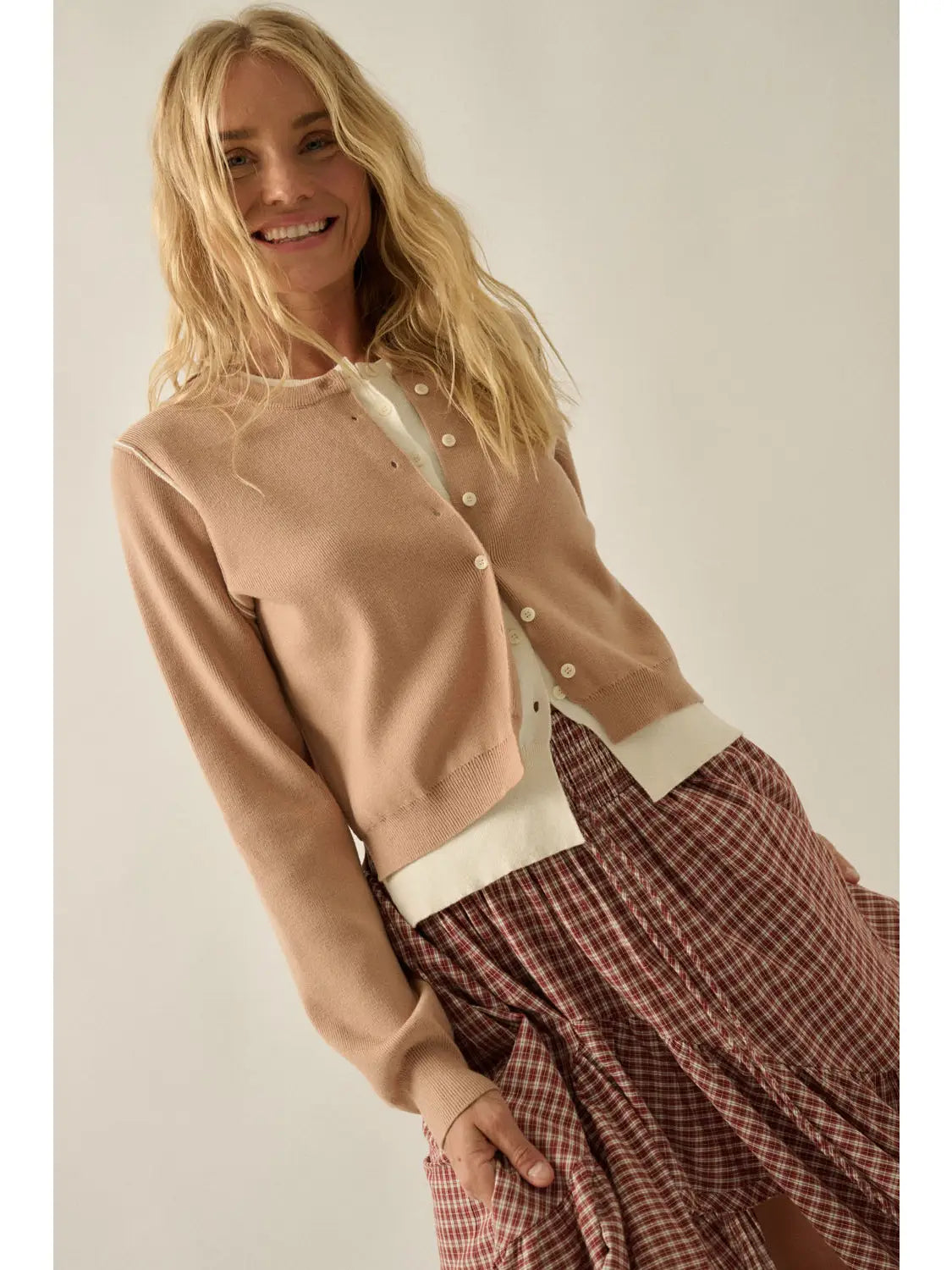 Solid Knit Two-Tone Round-Neck Button-Front Layered Cardigan