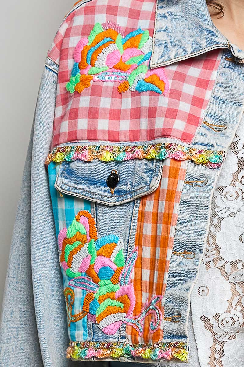 Plaid Contrast Embroidery Denim Jacket