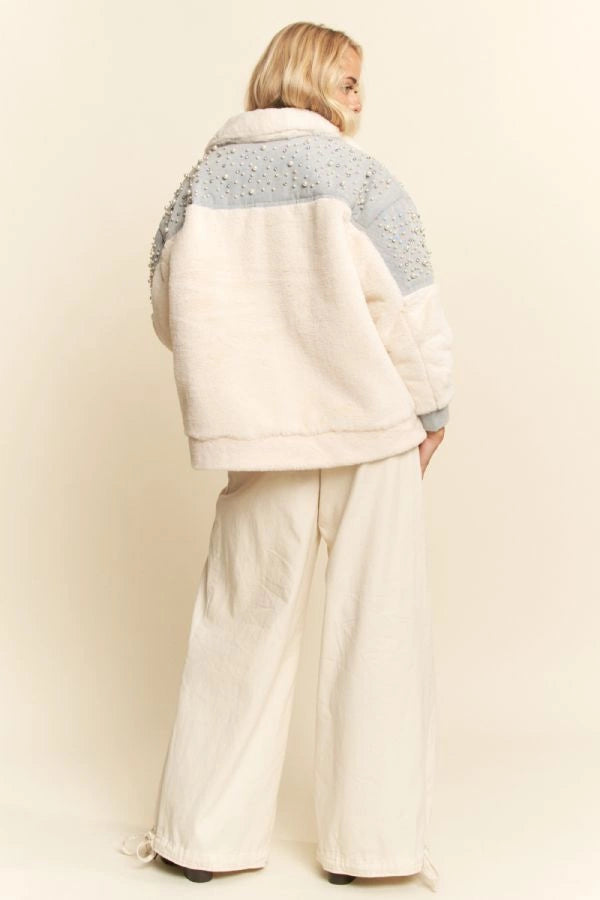 Pearl Studded Contrast Sherpa Jacket