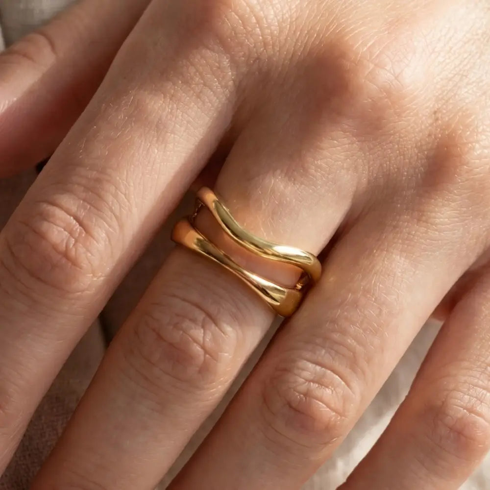 Warped Metallic Double Line Ring
