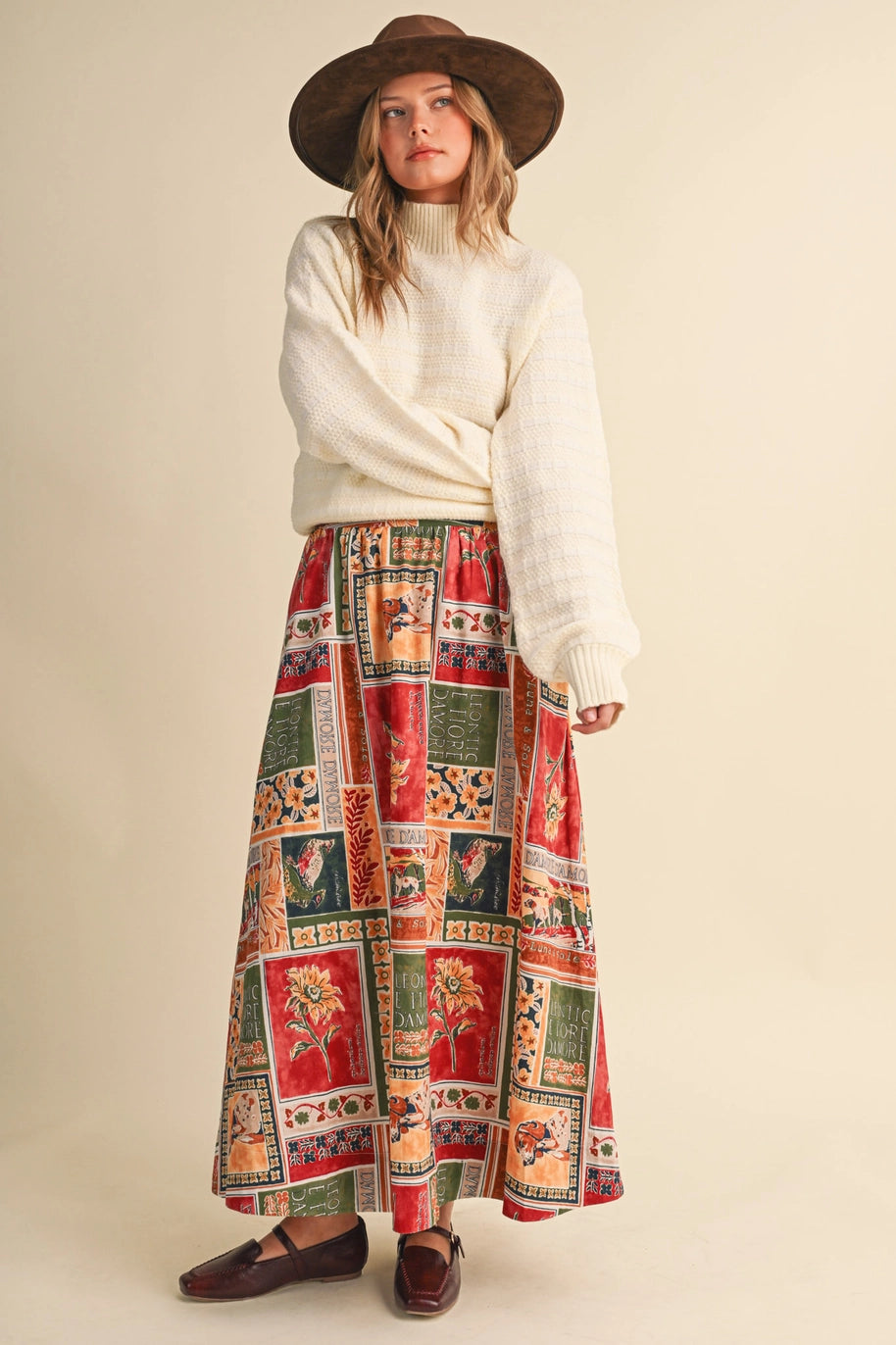 Exclusive Patch Print A-Line Midi Skirt