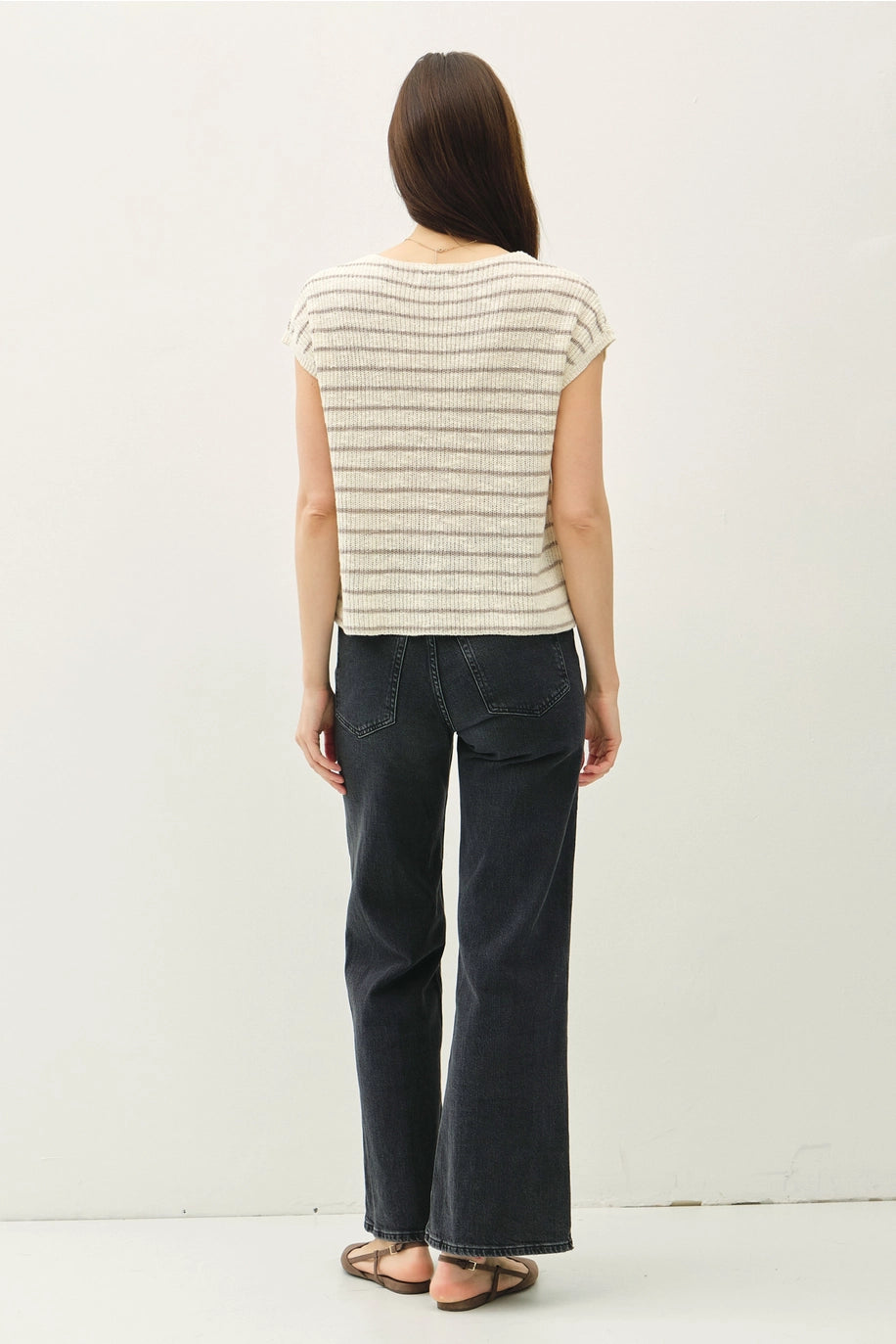 Lightweight Striped Knit Cap Sleeve Sweater Top with Pocket