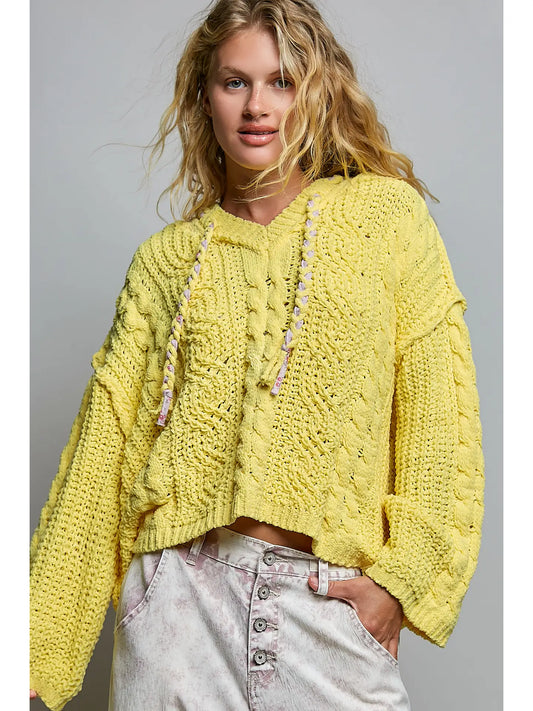 Oversize Fit V-Neck Hooded Cable Knit Chenille Sweater