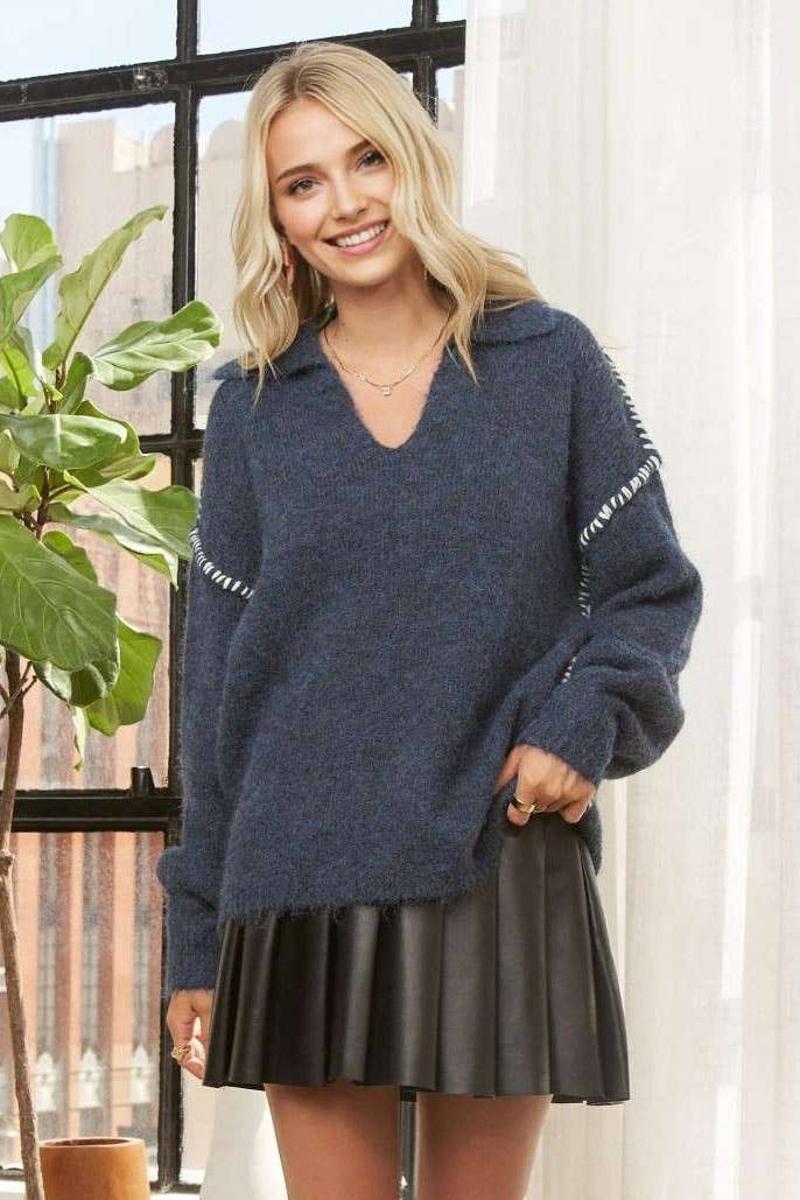 V-Neck Long Sleeve Embellishment Sweater