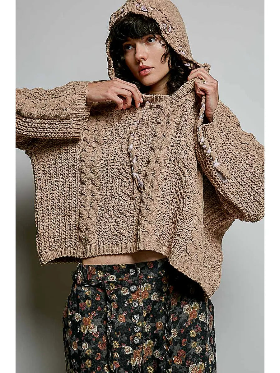 Oversize Fit V-Neck Hooded Cable Knit Chenille Sweater