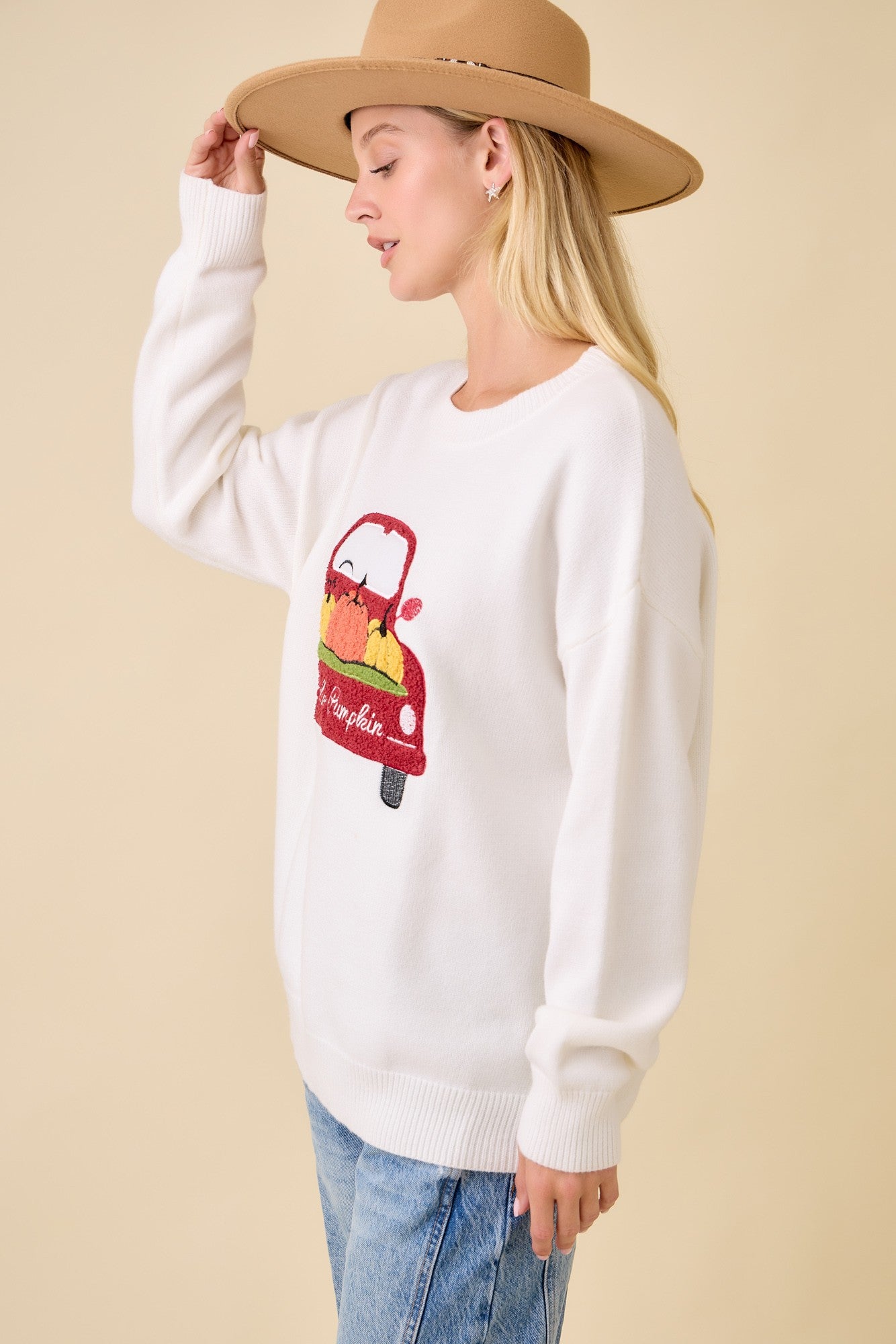 Pumpkin Truck Patchwork Sweater Knit Top