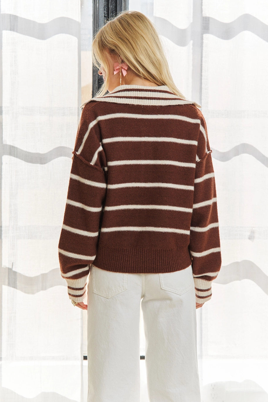 Long Sleeves Striped Polo Sweater Top