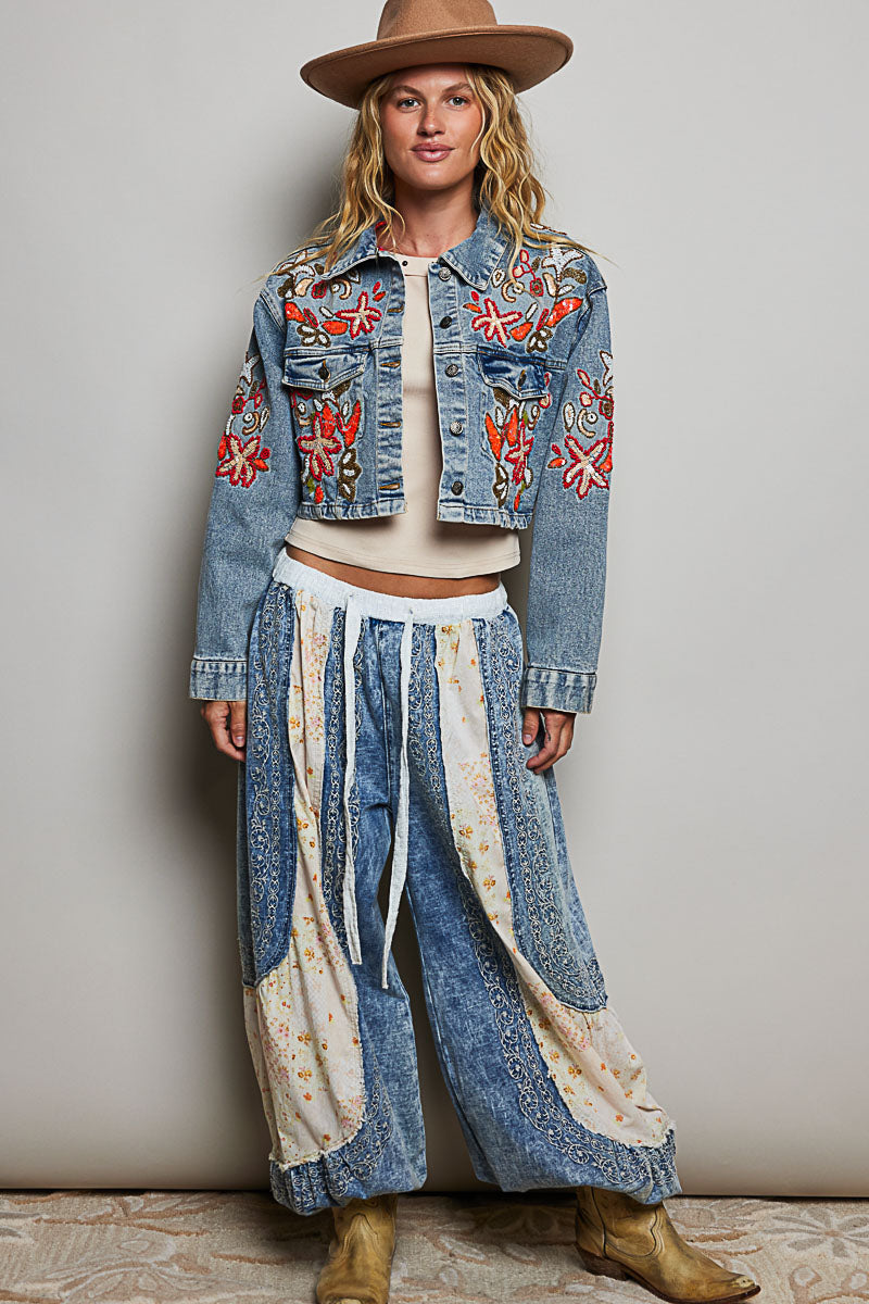 Beaded Embroidered Waist Tab Denim Jacket