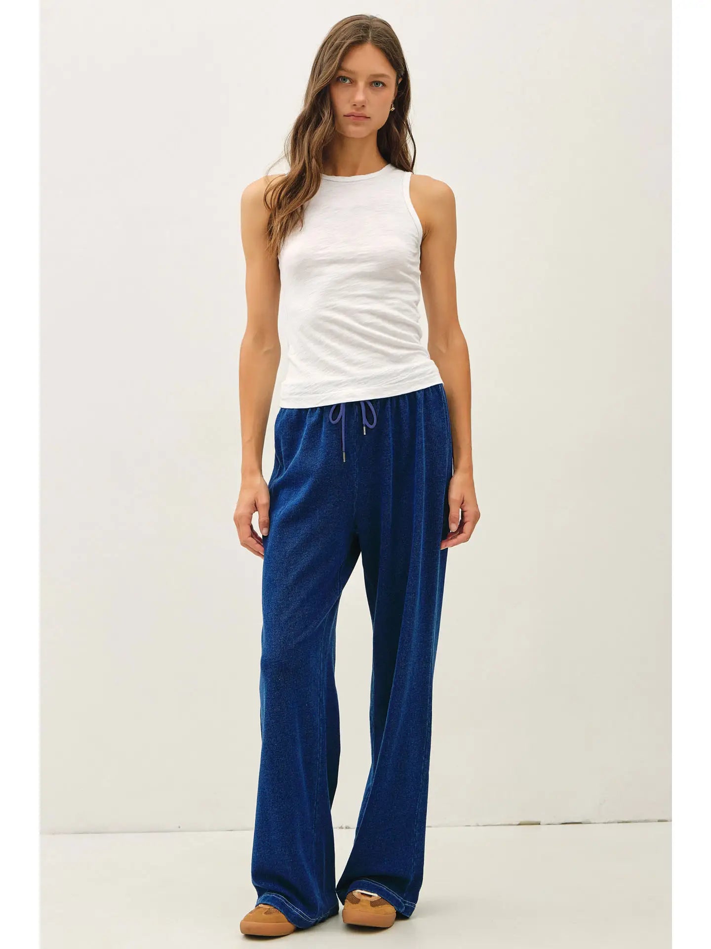 Cotton Terry Knit Denim Wide Leg Pull On Pants
