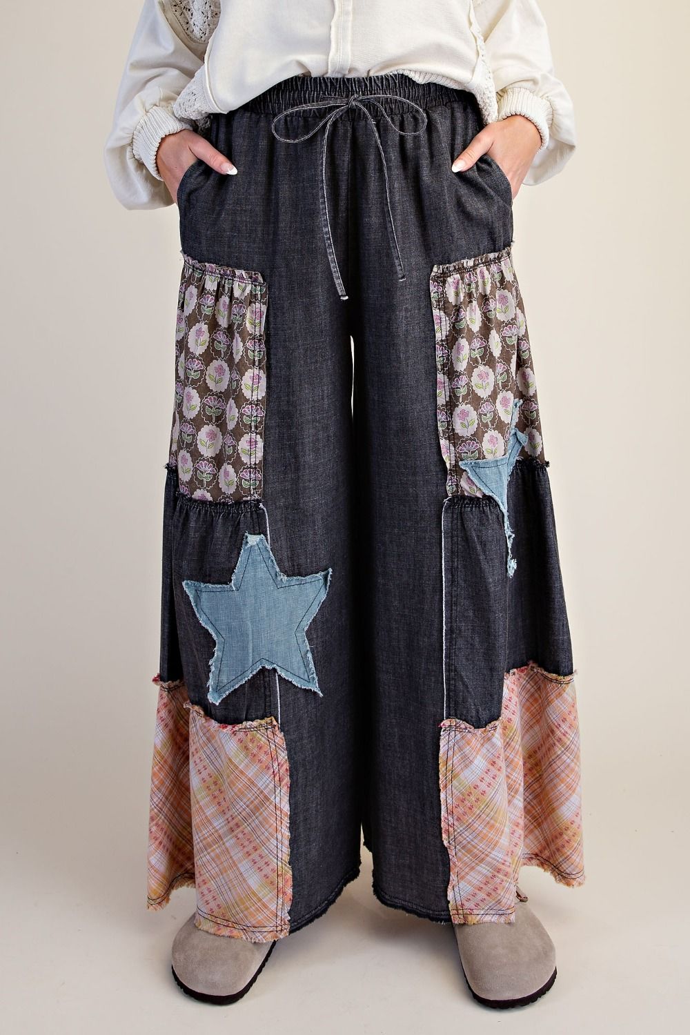 Washed Denim Patchwork Palazzo Pants