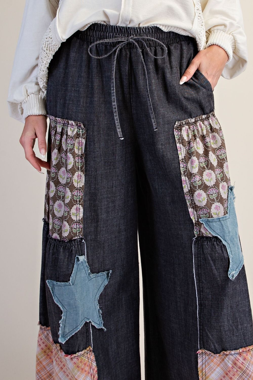 Washed Denim Patchwork Palazzo Pants
