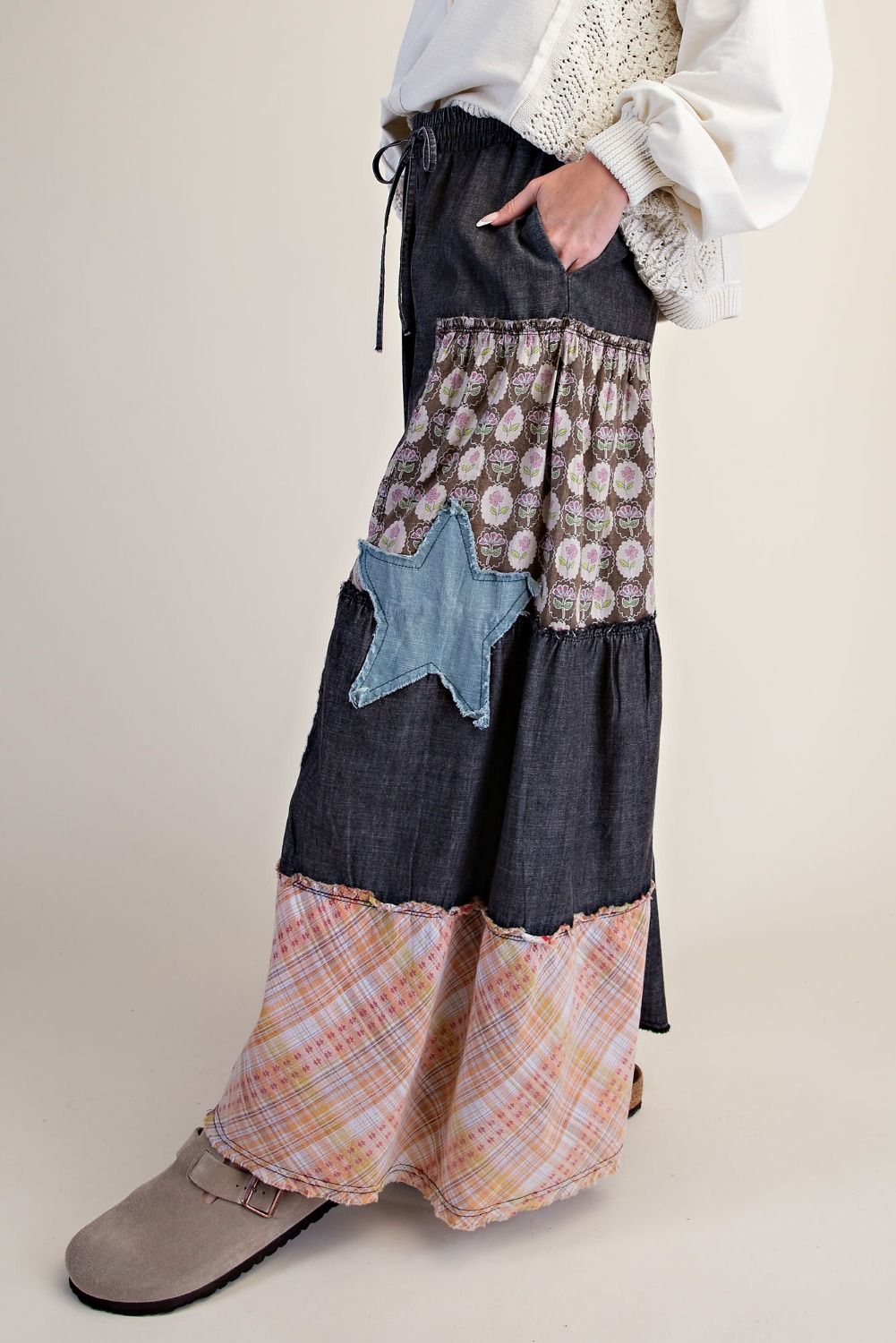 Washed Denim Patchwork Palazzo Pants