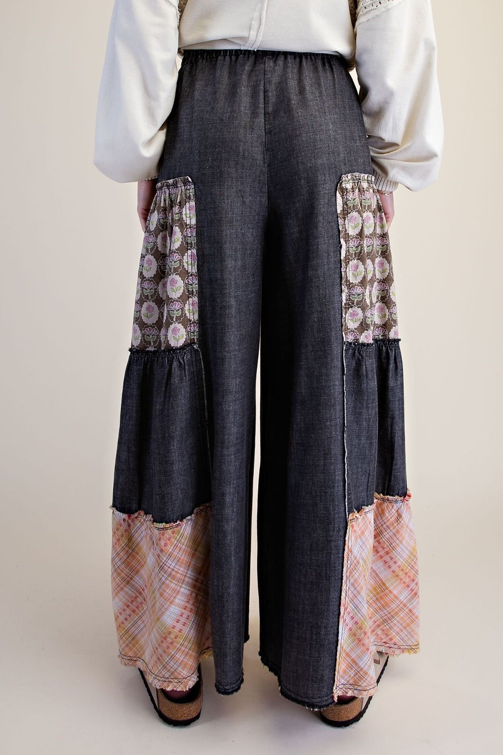 Washed Denim Patchwork Palazzo Pants
