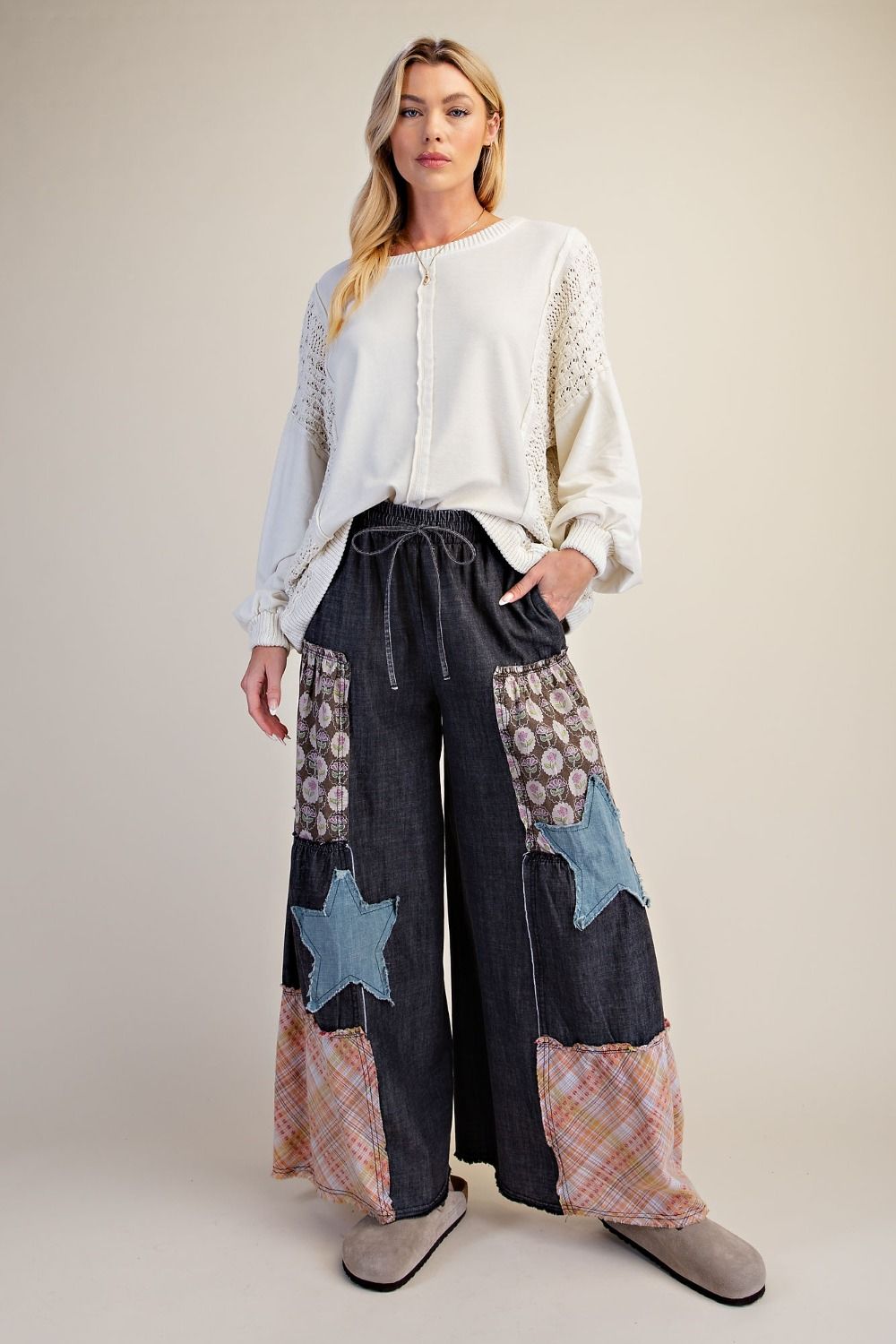 Washed Denim Patchwork Palazzo Pants