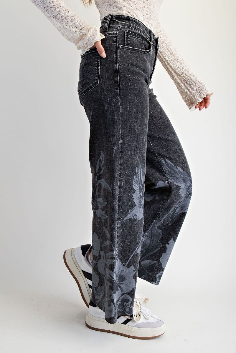 Floral Print Washed Stretch Denim Pants