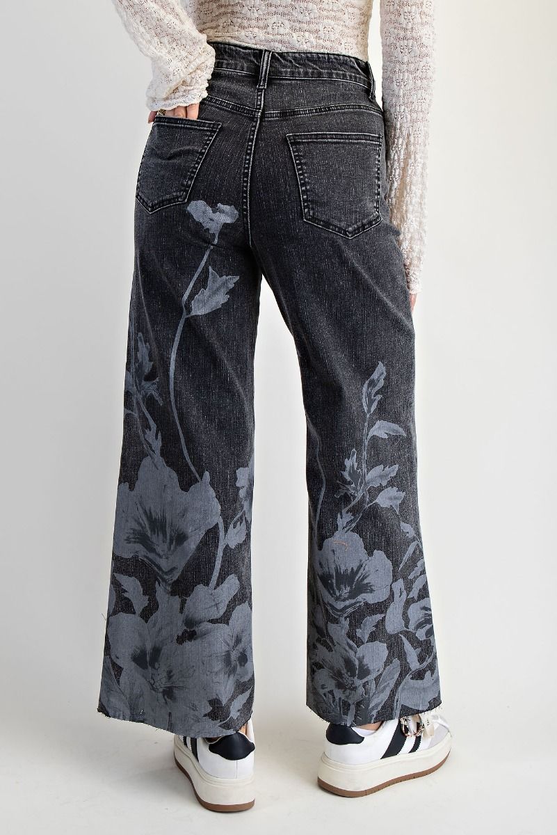 Floral Print Washed Stretch Denim Pants