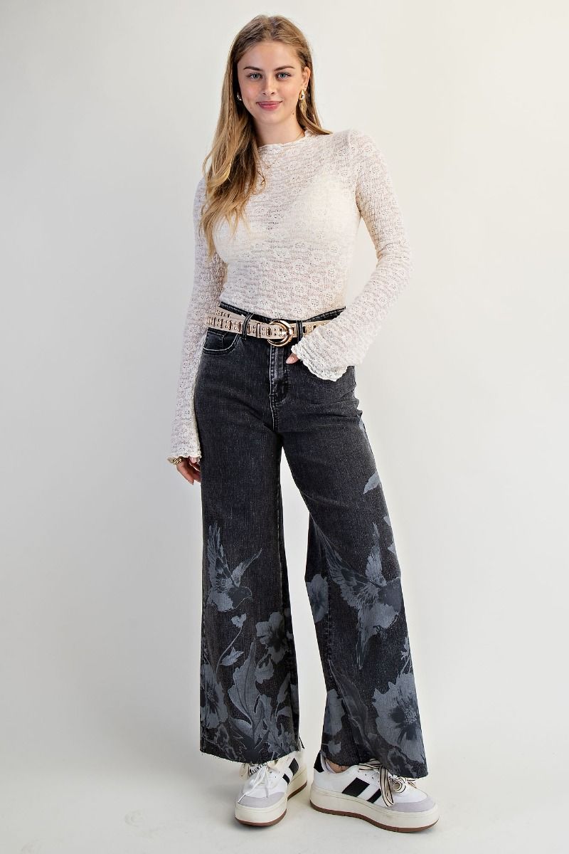 Floral Print Washed Stretch Denim Pants