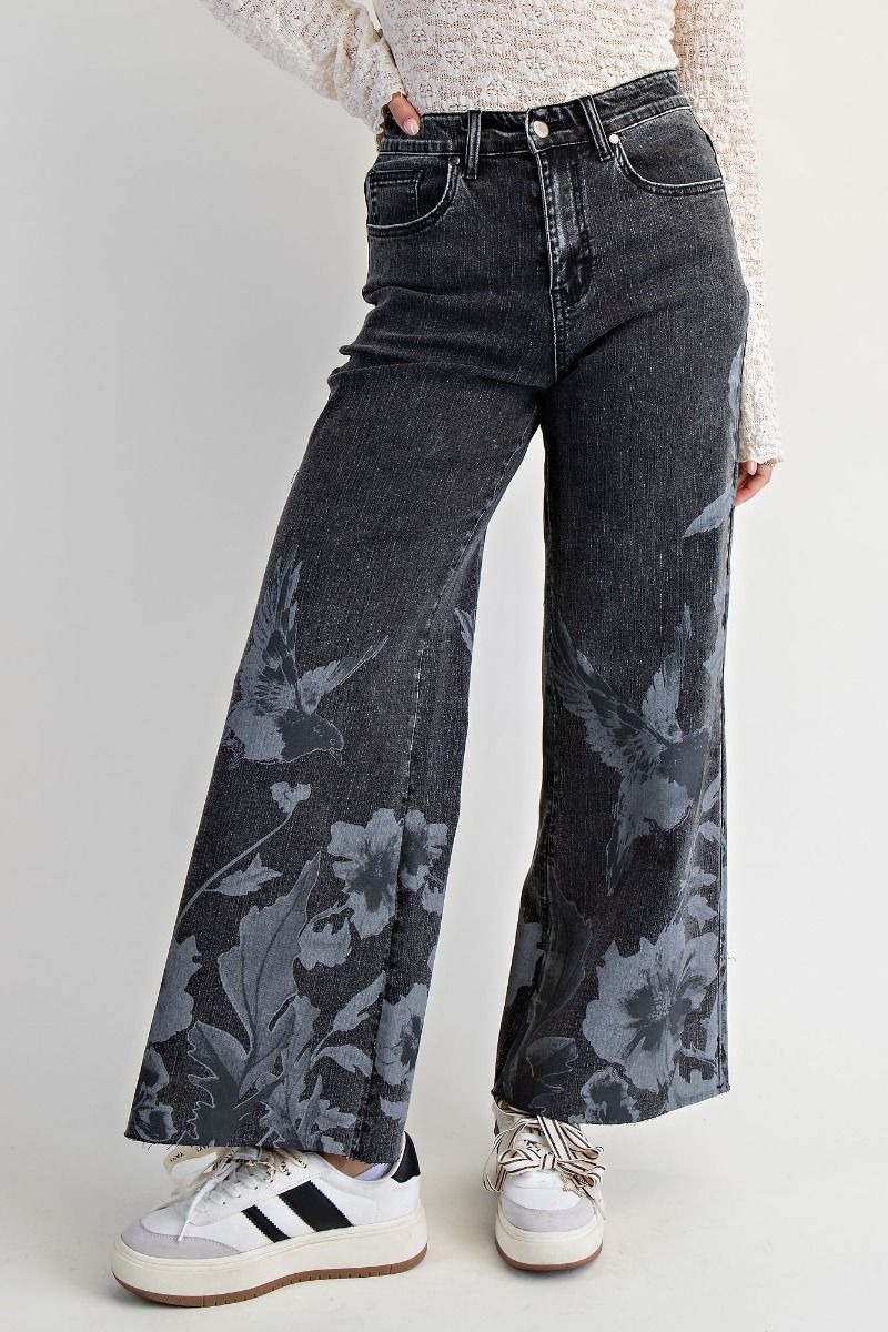 Floral Print Washed Stretch Denim Pants